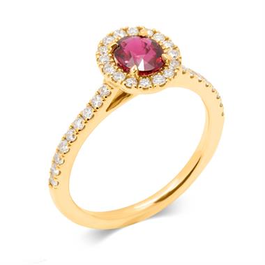 18ct Yellow Gold Oval Ruby and Diamond Halo Ring thumbnail