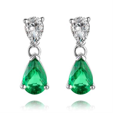 18ct White Gold Pear Shape Emerald and Diamond Drop Earrings thumbnail