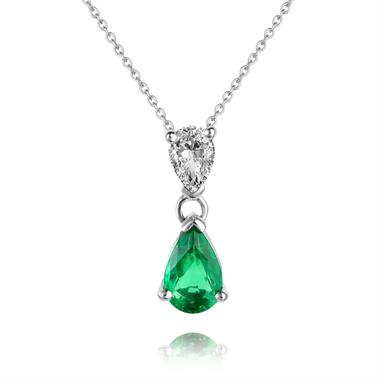 18ct White Gold Pear Shape Emerald and Diamond Drop Pendant thumbnail