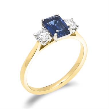 18ct Yellow Gold Emerald Cut Sapphire and Diamond Three Stone Engagement Ring thumbnail