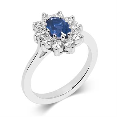 18ct White Gold Oval Sapphire and Diamond Cluster Engagement Ring thumbnail