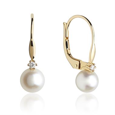 18ct Yellow Gold Freshwater Pearl and Diamond Drop Earrings  thumbnail