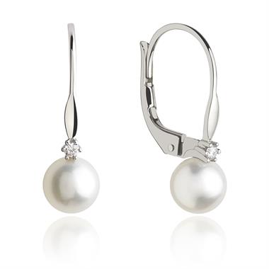 18ct White Gold Freshwater Pearl and Diamond Drop Earrings thumbnail