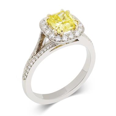 Platinum Vintage Inspired Cushion Cut Yellow Diamond Halo Engagement Ring thumbnail 