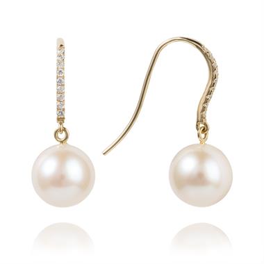 18ct Yellow Gold Freshwater Pearl and Diamond Drop Earrings thumbnail