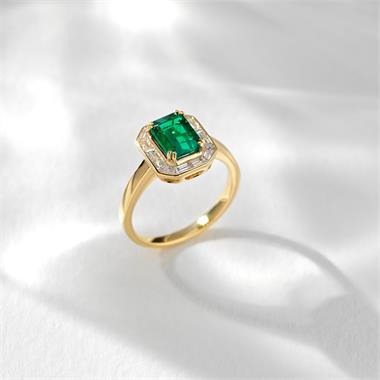 18ct Yellow Gold Emerald and Baguette Cut Diamond Cluster Dress Ring thumbnail