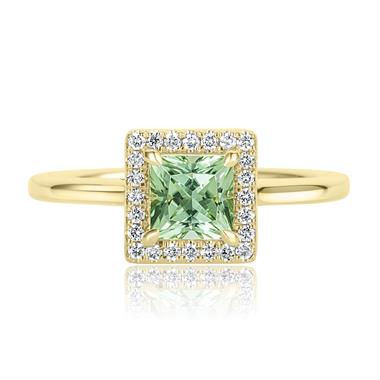 18ct Yellow Gold Princess Cut Mint Green Tourmaline and Diamond Halo Dress Ring thumbnail