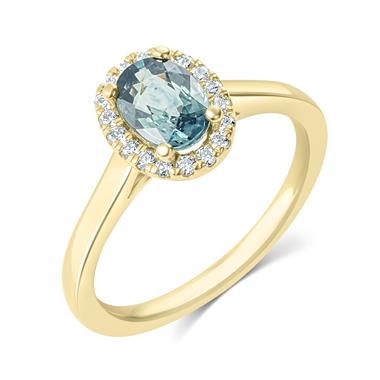 18ct Yellow Gold Oval Teal Sapphire and Diamond Halo Engagement Ring thumbnail