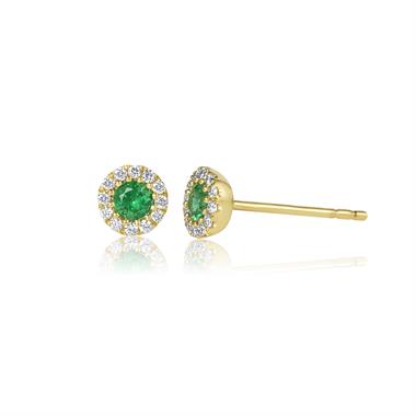 Camellia 18ct Yellow Gold Emerald and Diamond Halo Earrings thumbnail 