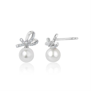 Isla 18ct White Gold Bow Design Pearl and Diamond Drop Earrings thumbnail 