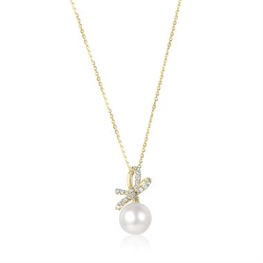 Isla 18ct Yellow Gold Bow Design Pearl and Diamond Drop Pendant thumbnail