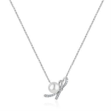 Isla 18ct White Gold Bow Design Pearl and Diamond Necklace thumbnail