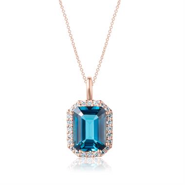 18ct Rose Gold Emerald Cut London Blue Topaz and Diamond Halo Pendant thumbnail