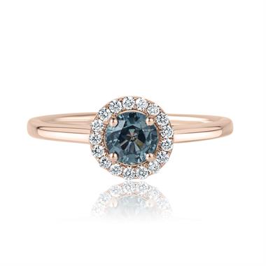 18ct Rose Gold Round Teal Sapphire and Diamond Halo Engagement Ring thumbnail