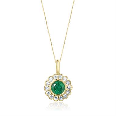 18ct Yellow Gold Emerald and Diamond Cluster Pendant thumbnail