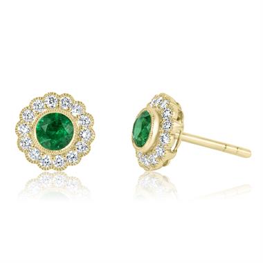 18ct Yellow Gold Emerald and Diamond Cluster Stud Earrings thumbnail