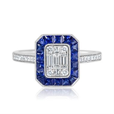18ct White Gold Vintage Style Diamond and Sapphire Illusion Set Halo Engagement Ring thumbnail