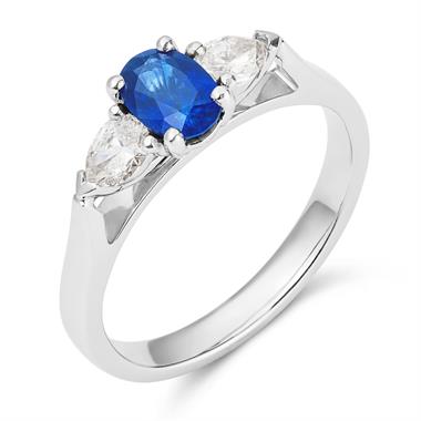 Platinum Oval Sapphire and Pear Shape Diamond Three Stone Engagement Ring thumbnail