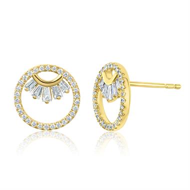 18ct Yellow Gold Circle Design Baguette Cut Diamond Stud Earrings 0.42ct thumbnail 
