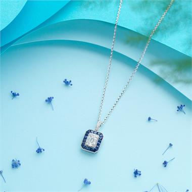 18ct White Gold Vintage Style Diamond and Sapphire Illusion Set Halo Pendant thumbnail