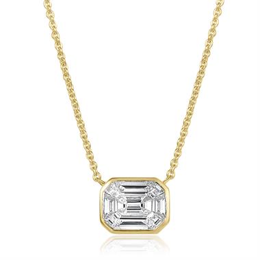 18ct Yellow Gold Emerald Shape Illusion Detail Diamond Necklace 0.60ct thumbnail