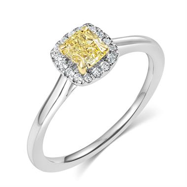Platinum Cushion Cut Yellow Diamond Halo Engagement Ring 0.47ct thumbnail