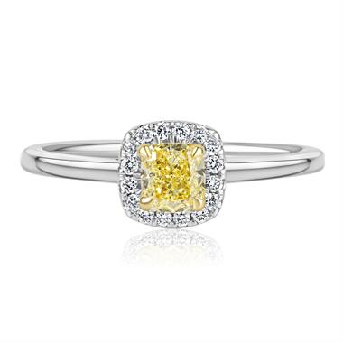 Platinum Cushion Cut Yellow Diamond Halo Engagement Ring 0.47ct thumbnail