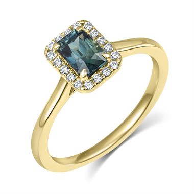 18ct Yellow Gold Emerald Cut Teal Sapphire and Diamond Halo Engagement Ring 1.17ct thumbnail 