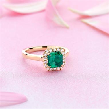 18ct Yellow Gold Asscher Cut Emerald and Diamond Halo Engagement Ring thumbnail