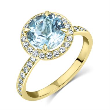 18ct Yellow Gold Aquamarine and Diamond Halo Ring thumbnail