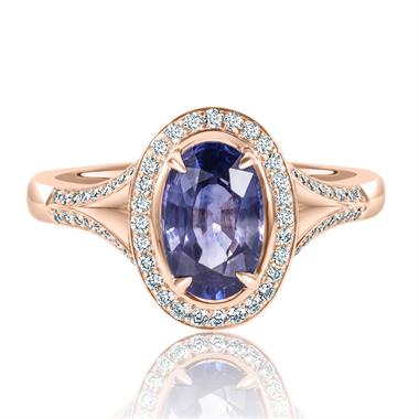 18ct Rose Gold Violet Sapphire and Diamond Halo Ring thumbnail