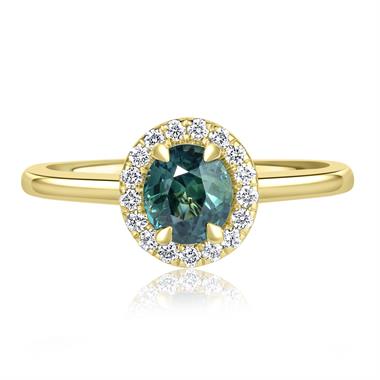 18ct Yellow Gold Oval Teal Sapphire and Diamond Halo Engagement Ring thumbnail