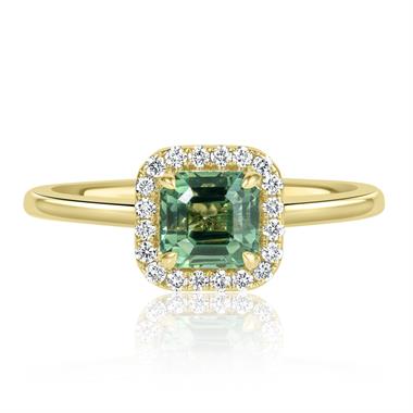 18ct Yellow Gold Asscher Cut Green Sapphire and Diamond Halo Engagement Ring thumbnail