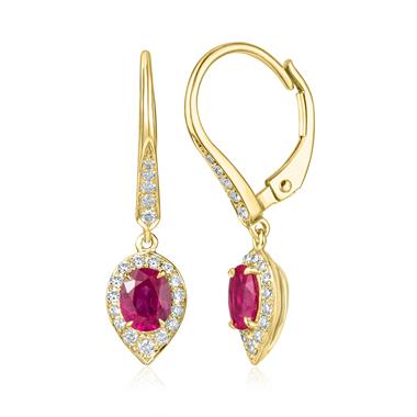 Camellia 18ct Yellow Gold Pear Cluster Ruby and Diamond  Drop Earrings  thumbnail