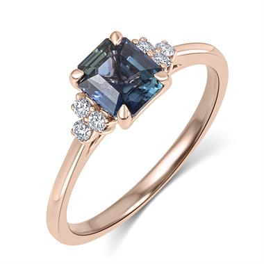 18ct Rose Gold Emerald Cut Teal Sapphire and Diamond Engagement Ring 1.12ct thumbnail 