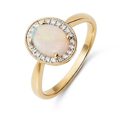 18ct Yellow Gold Opal and Diamond Halo Dress Ring thumbnail