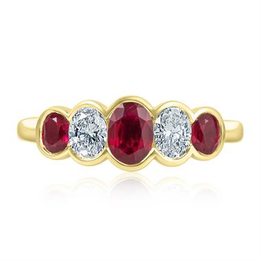 18ct Yellow Gold Five Stone Oval Ruby and Diamond Ring  thumbnail