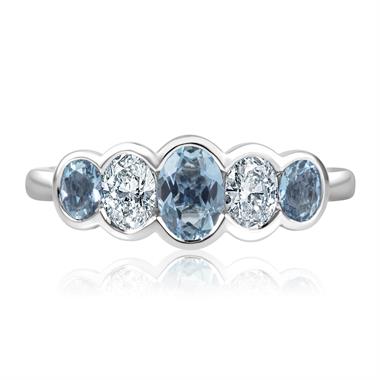 18ct White Gold Five Stone Oval Aquamarine and Diamond Ring thumbnail