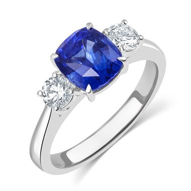 Platinum Cushion Sapphire and Diamond Three Stone Ring  thumbnail 