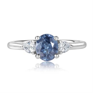 Platinum Oval Teal Sapphire and Diamond Three Stone Ring  thumbnail