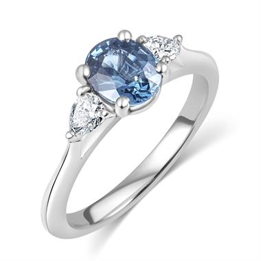 Platinum Oval Teal Sapphire and Diamond Three Stone Ring  thumbnail