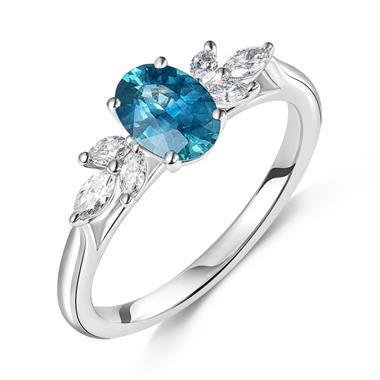 Platinum Oval Teal Sapphire and Diamond Ring thumbnail 