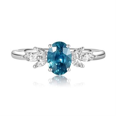 Platinum Oval Teal Sapphire and Diamond Ring thumbnail