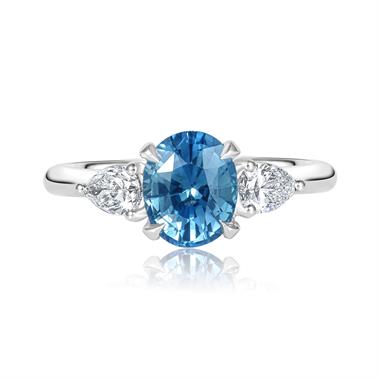 Platinum Oval Teal Sapphire and Diamond Three Stone Ring thumbnail