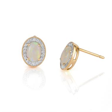 18ct Yellow Gold Opal and Diamond Cluster Stud Earrings thumbnail 
