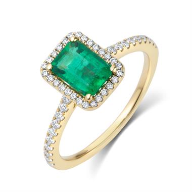 18ct Yellow Gold Emerald and Diamond Halo Engagement Ring thumbnail
