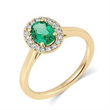 18ct Yellow Gold Oval Emerald and Diamond Halo Engagement Ring thumbnail