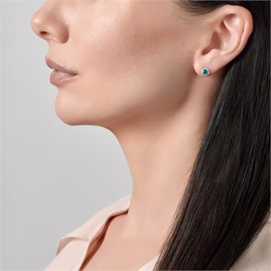 Camellia 18ct White Gold Emerald and Diamond Halo Stud Earrings thumbnail