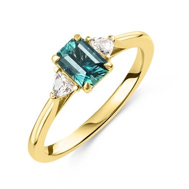 18ct Yellow Gold Teal Sapphire and Diamond Three Stone Ring thumbnail