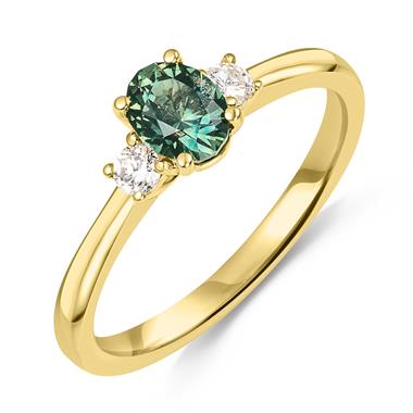 18ct Yellow Gold Green Sapphire and Diamond Three Stone Ring thumbnail
